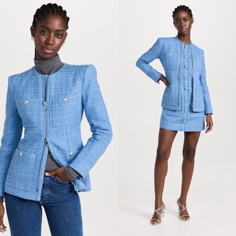 NWT Veronica Beard Agni Dickey Jacket In Skylight Tweed 2-way Zip Pockets Sz 4